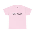 Pink t-shirt with 'CAT MUM' text on a white background