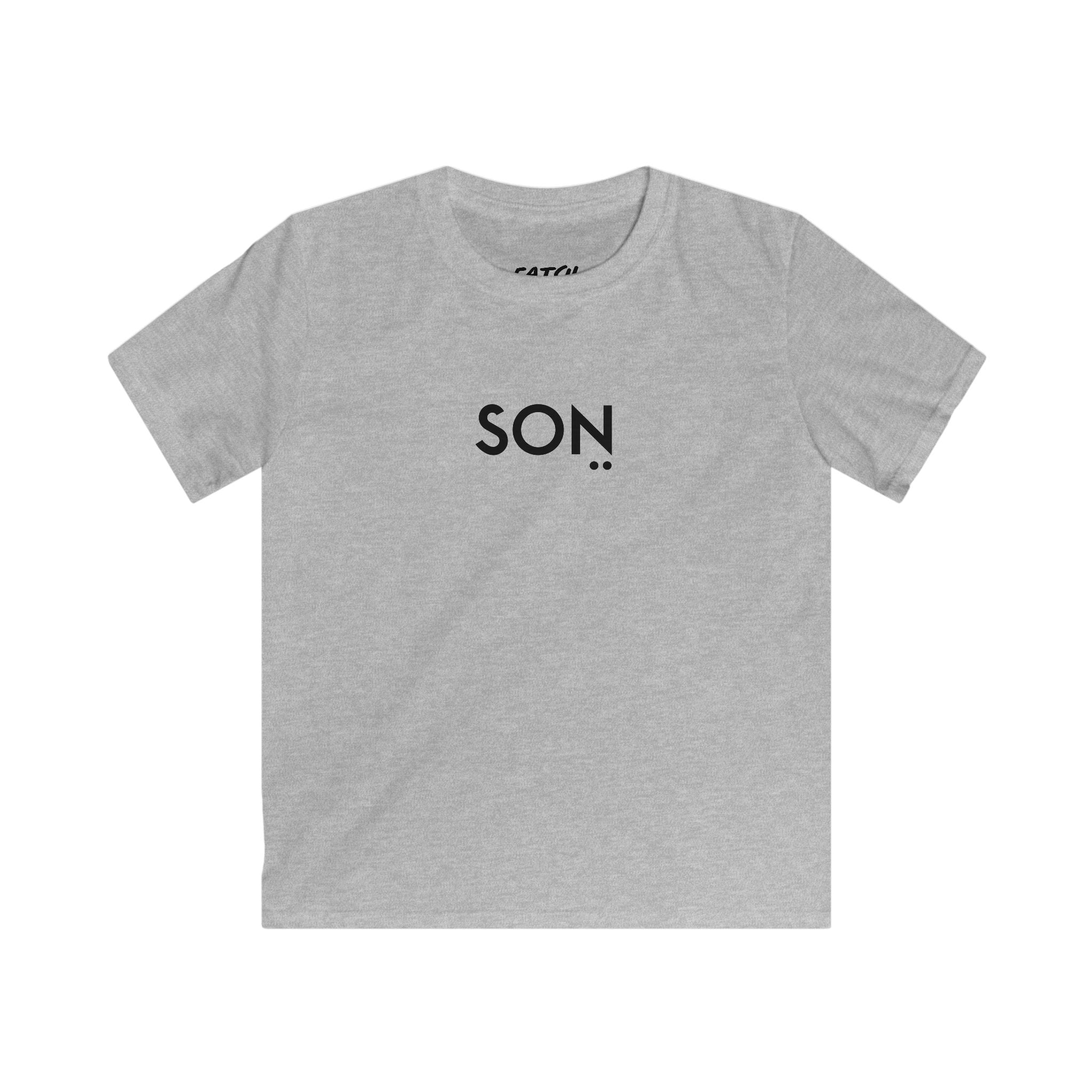 Gray t-shirt with 'SON' printed on it against a white background