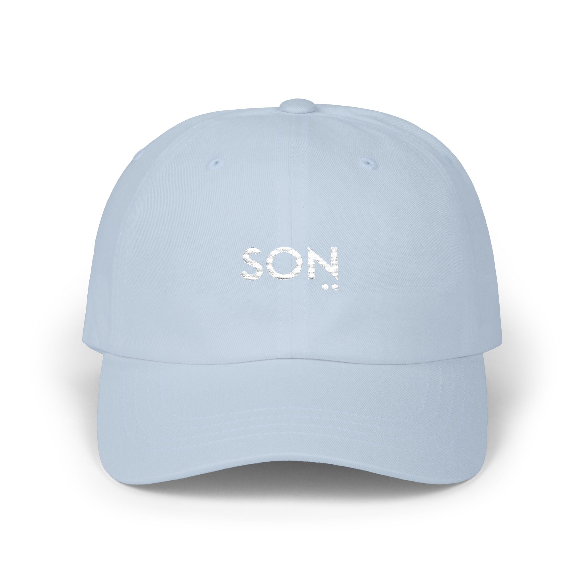 Light blue cap with 'SON' embroidered on a white background