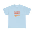Light blue t-shirt with 'mama' printed in orange multiple times on a white background