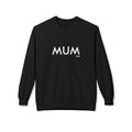Black sweatshirt with 'MUM' printed on it against a white background