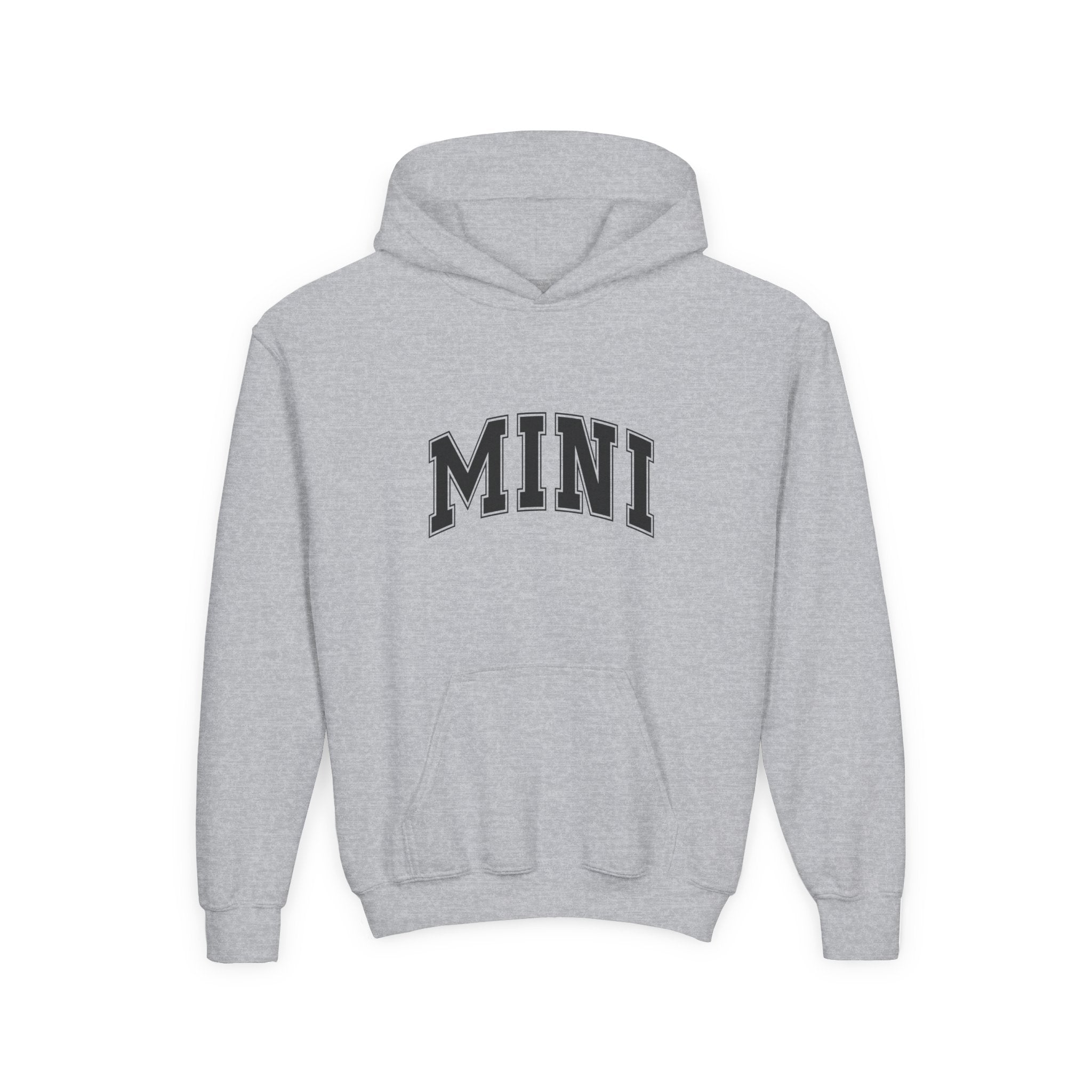 Gray hoodie with 'MINI' text on a white background