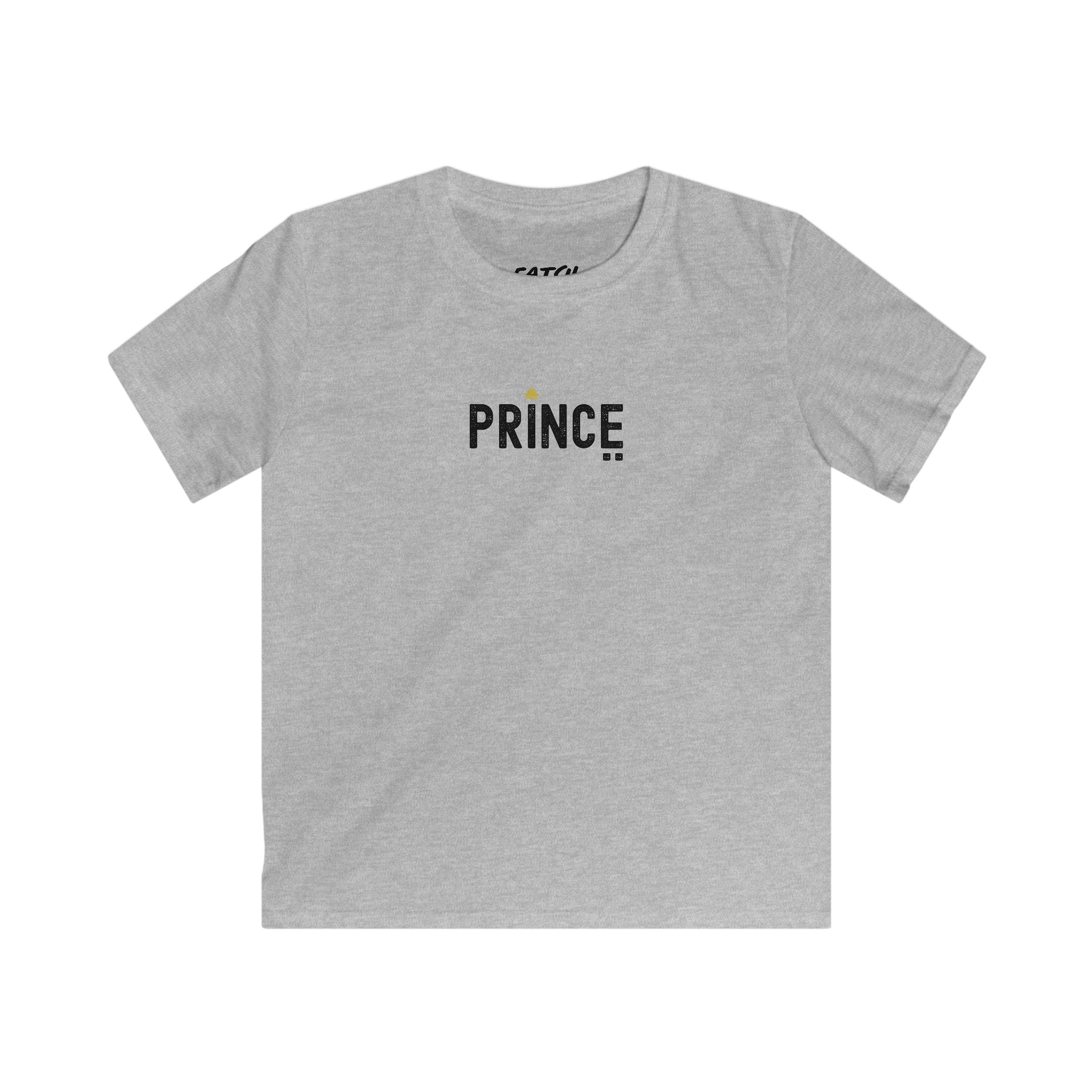 Gray t-shirt with 'PRINCE' printed on it against a white background