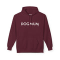 Maroon hoodie with 'DOG MUM' text on a white background