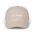 Beige cap with 'CAT MUM' text on a white background