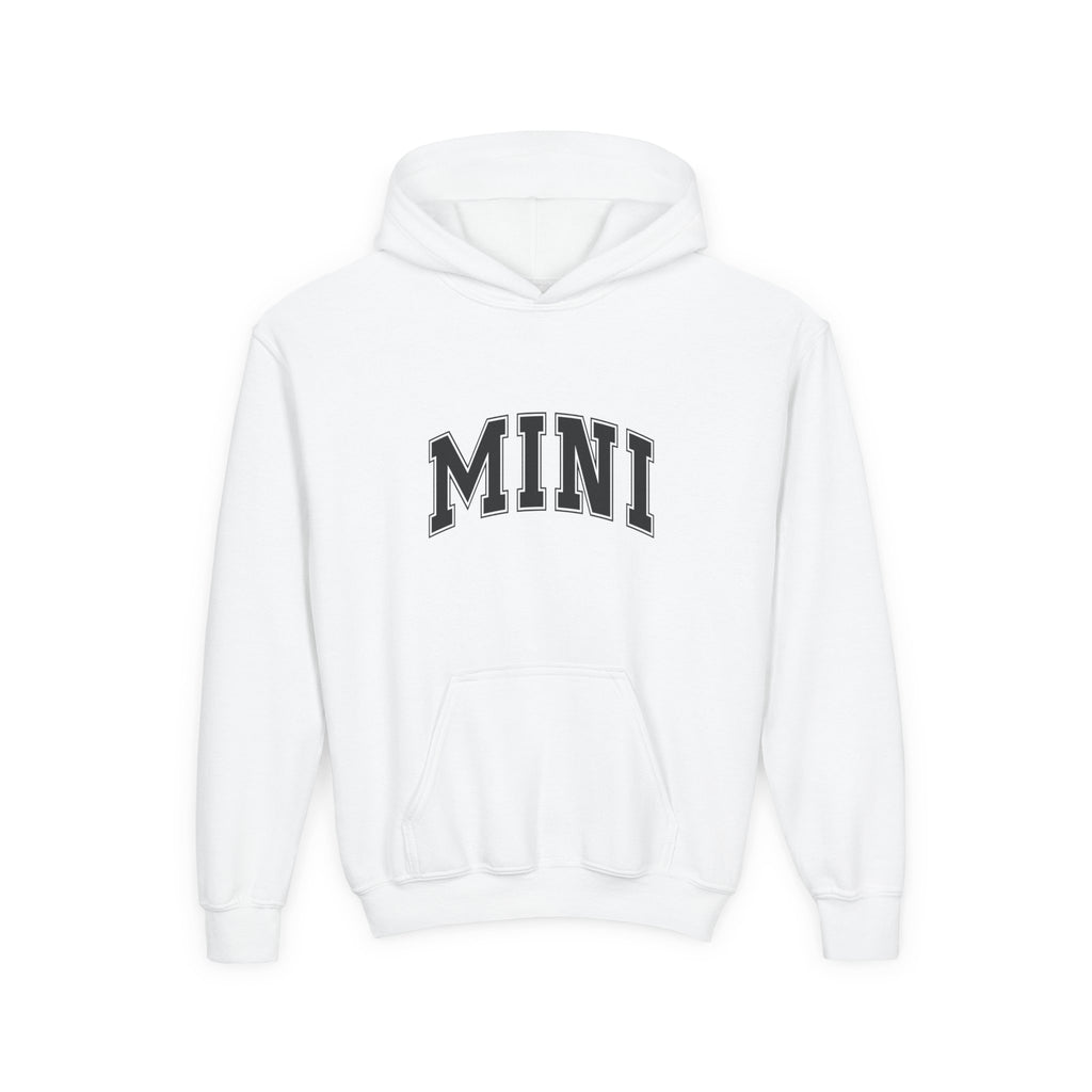 White hoodie with 'MINI' text on a white background
