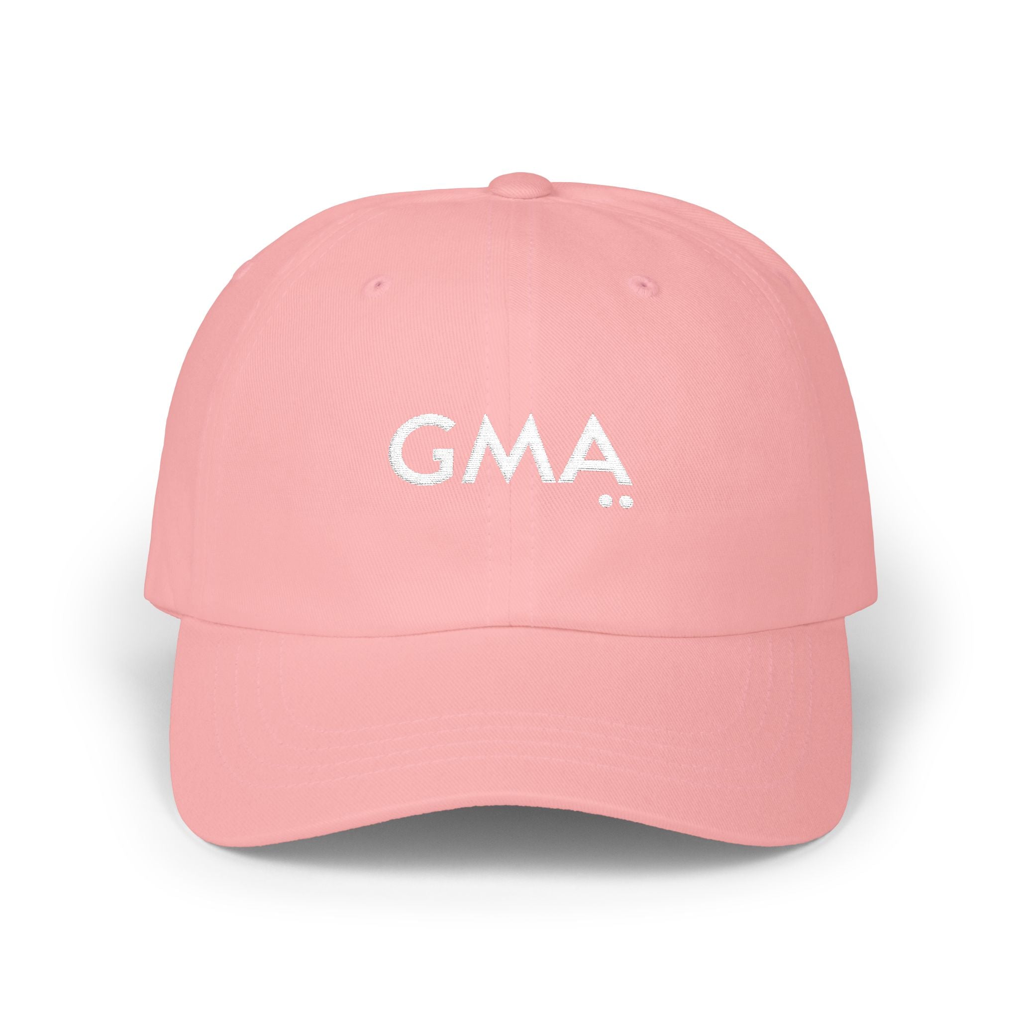 Pink cap with 'GMA' text on a white background
