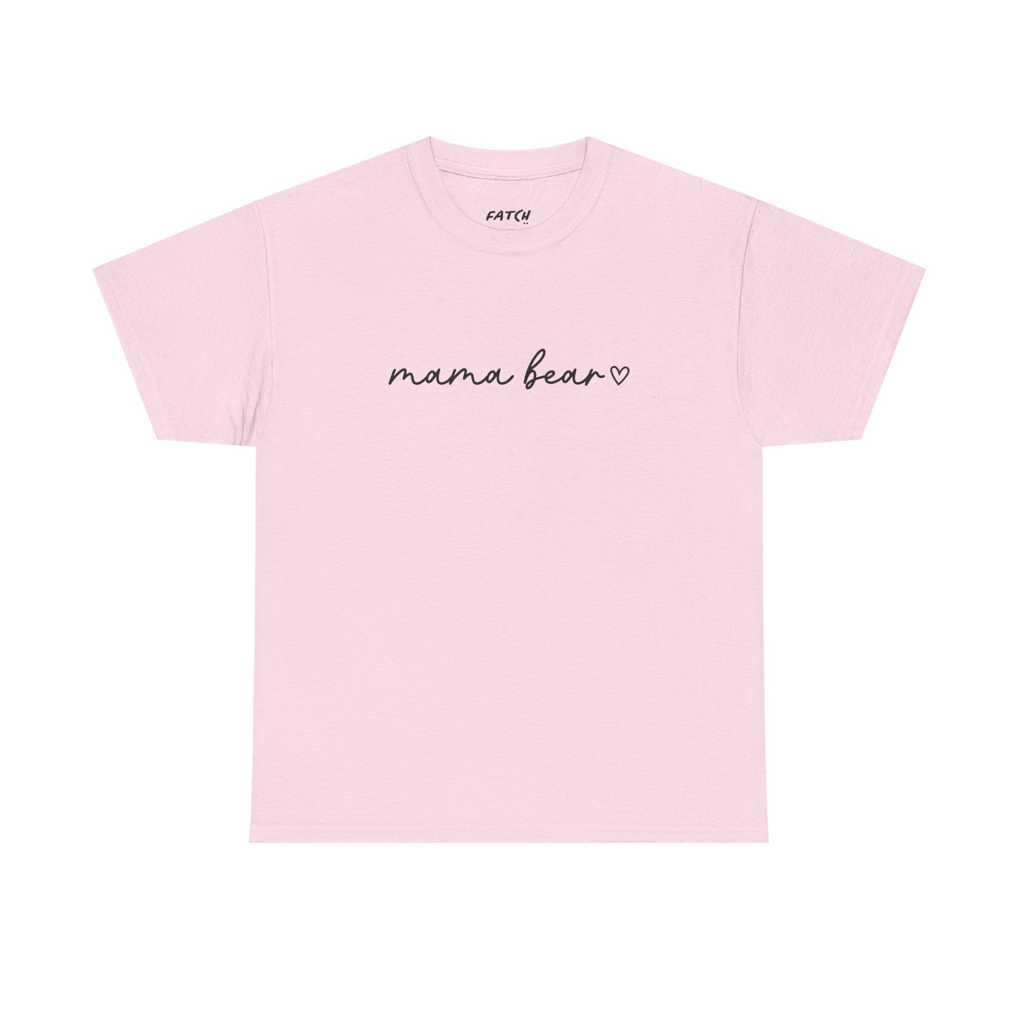 Pink t-shirt with 'mama bear' text on a white background