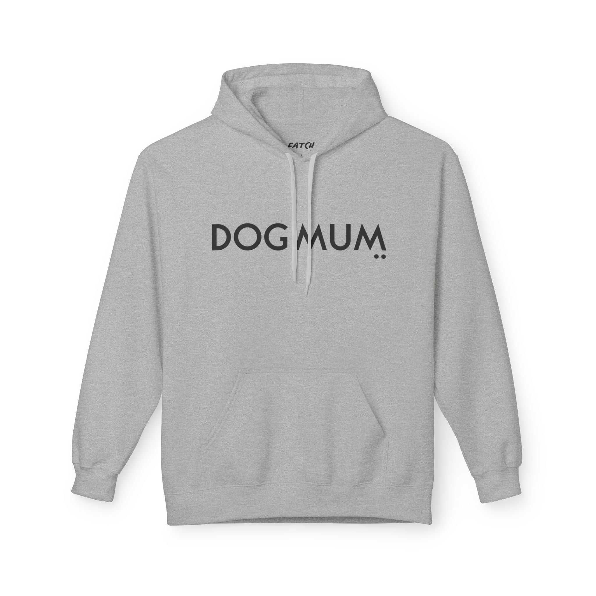 Gray hoodie with 'DOG MUM' text on a white background