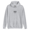 Gray hoodie with 'DAD EST. 2023' text on a white background
